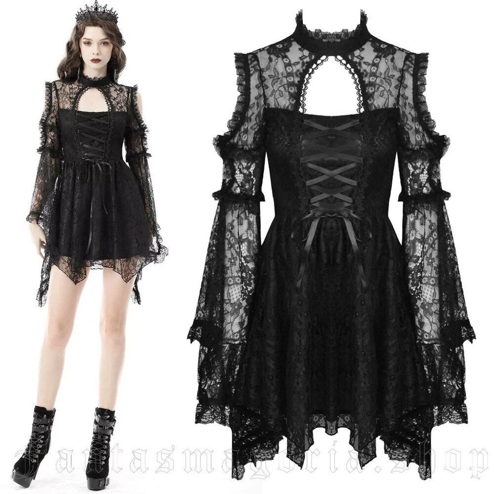 Gothic Black Lace Bell Sleeve Corset Mini Dress